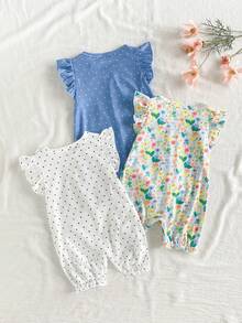 SHEIN Vintaside Kids 女婴三件套夏季连体裤，可爱昆虫图案，带短袖和下摆，休闲户外装 - 彩色 - 查看 2