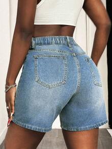 SHEIN CURVE+ Quần short denim rách màu xanh dương gợi cảm dành cho nữ cỡ lớn, thích hợp cho mùa hè. - Rửa trung bình - Xem 2