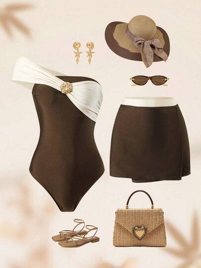 Swim Oasis Brown & Beige Color Block One-Piece Swimsuit With Metal Decor For Women, Elegant Beach Outfit Bikini Set