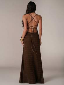 SHEIN BAE 女士休闲度假垂褶领露背系带串珠纹理海星装饰连衣裙，适合海滩度假、姐妹海滩约会、休闲度假、泳池派对，棕色纹理连衣裙，度假连衣裙，海滩派对，度假纹理连衣裙，优雅性感纹理闪亮海鲜装饰连衣裙，棕色连衣裙 - 棕色 - 查看 2