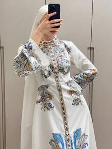 DAZY 女士优雅印花中长连衣裙，夏季婚礼宾客礼服，女士连衣裙/吊带裙 - 米色 - 查看 3