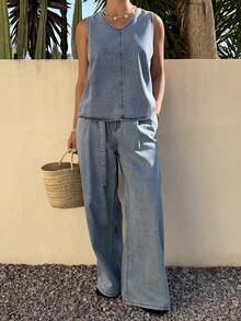 DAZY Conjunto de chaleco y pantalones de mezclilla casual para mujer - Azul - Ver 9