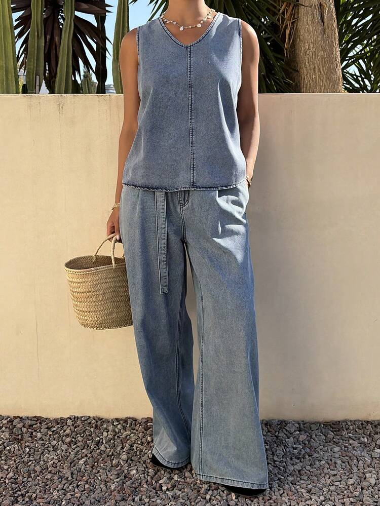 Women's Casual Denim Vest And Pants Set