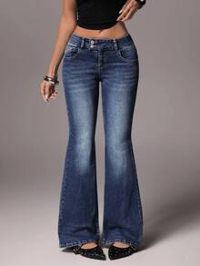 TRNVIE Double-Button Elastic Fitted Low-Waist Fashionable Flare Leg Jeans - Blue - View 8