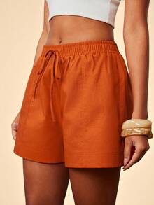 Travachic Pantalones cortos de mujer de unicolor con cordón en la cintura, versátiles y casuales para vacaciones - Naranja - Ver 3