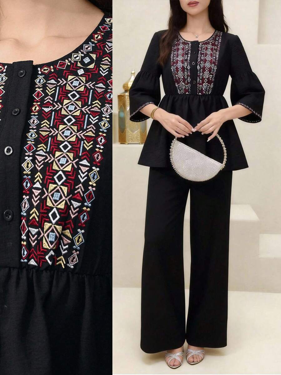 Al Najma 女士几何刺绣七分喇叭袖娃娃衫上衣及宽松阔腿裤阿拉伯风格套装，春夏秋季 - 黑色 - 查看 1