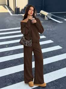 Women's Oversized V-Neck Fluffy Soft Stretch Loose Sweatshirt And Sweatpants 2 Pieces Set, Autumn/Winter Comfy Two Piece Set Brown Two Piece Set Women, Tall Women - Brown - View 5
