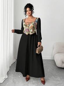Elenzga Plus Size Women's Vintage French Style Color Block Long Sleeve 2 In 1 Dress, Suitable For Graduation, Holidays, Valentine's Day, Christmas, Music Festivals, Mother's Day, Halloween, Thanksgiving, Easter, National Day, Dances, Dates, Parties, Weddings, Outings - Black - View 3