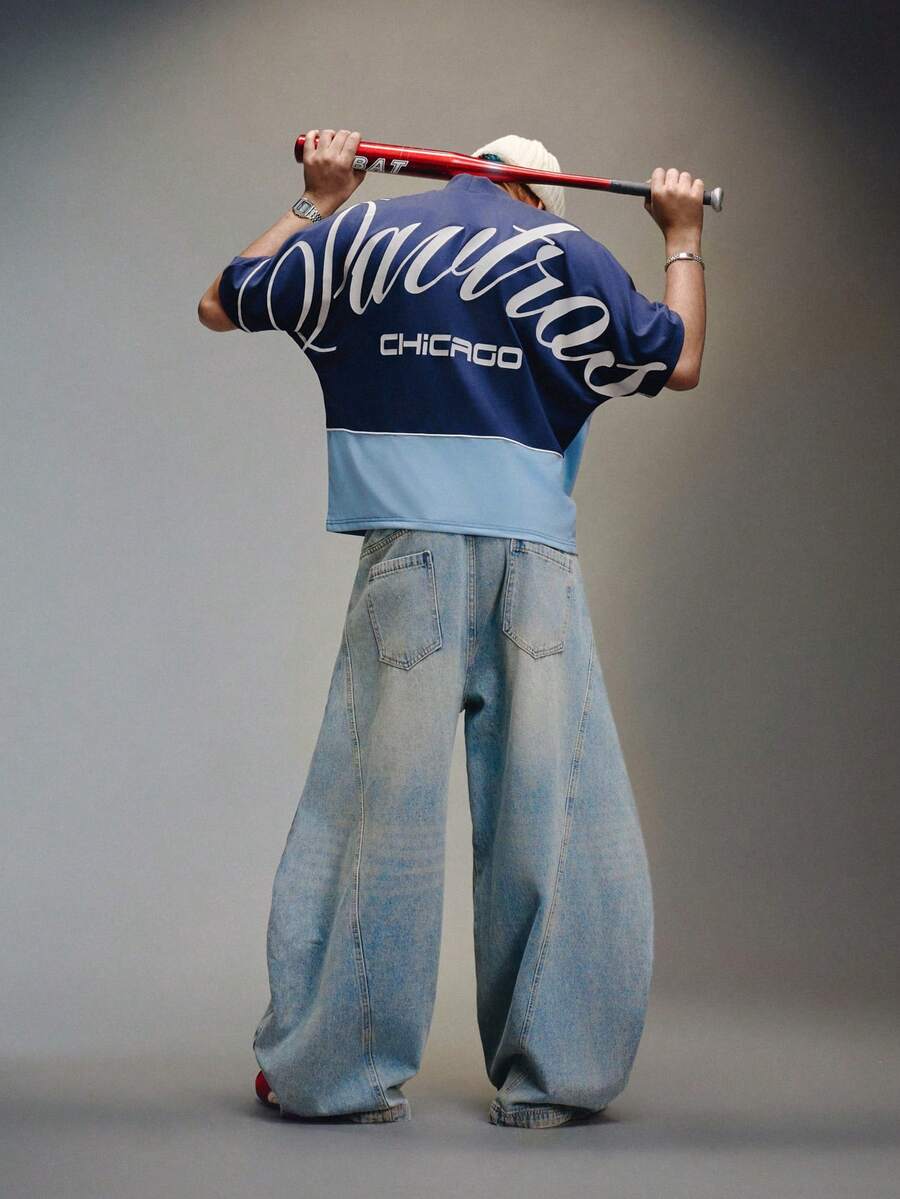 PAVTROS Pavtos 男士街头时尚短袖T恤，圆领T恤，宽松版型插肩袖T恤，美式复古，都市风，撞色面料设计，复古，街头服饰，男女皆宜，情侣装，运动风街头服饰，音乐节，滑板，都市漫步穿搭，男女皆宜，节日礼物，男友礼物 男士宽松露脐印花Y2K风格服装 - 藍色 - 查看 1