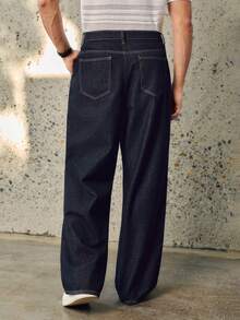 Manfinity EMRG 男士深蓝色水洗五扣宽松阔腿牛仔裤 - 深色水洗藍 - 查看 2