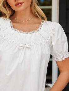 WESTFADE Women's 100% Cotton Poplin & Floral Lace Scoop Neck Bow Front Short Puff Sleeve Mini Dress, Pale Yellow, Summer, Modest, Tea Party, Boho, Cowgirl - White - View 2
