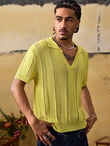 ROMWE MEN Men's Turndown Collar Short Sleeve Casual Loose Knit Jacquard Top - Yellow - View 1