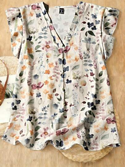 EMERY ROSE Women's Casual Elegant Cap Sleeve Loose Blouse, Minimalist Design Suitable For Summer, Front Button Closure, Ditsy Floral, Vintage Flower Pattern Floral Blouse Women Casual Tops Women Summer Summer Floral Tops Chic Blouses For Women