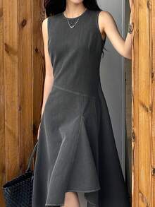 DAZY 女士圆领不对称下摆休闲无袖中长连衣裙 - 深灰色 - 查看 4