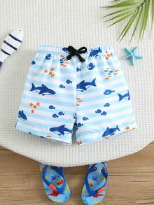 SHEIN 男婴休闲度假卡通条纹松紧腰泳裤 - 彩色 - 查看 9