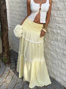 Sunnyshic Women's Yellow Low-Waist Lace Trim Skirt, Elegant Romantic Sweet Girly Style For Beach, Casual, Holiday, Daily Wear, School, Spring/Summer - Yellow - View 1