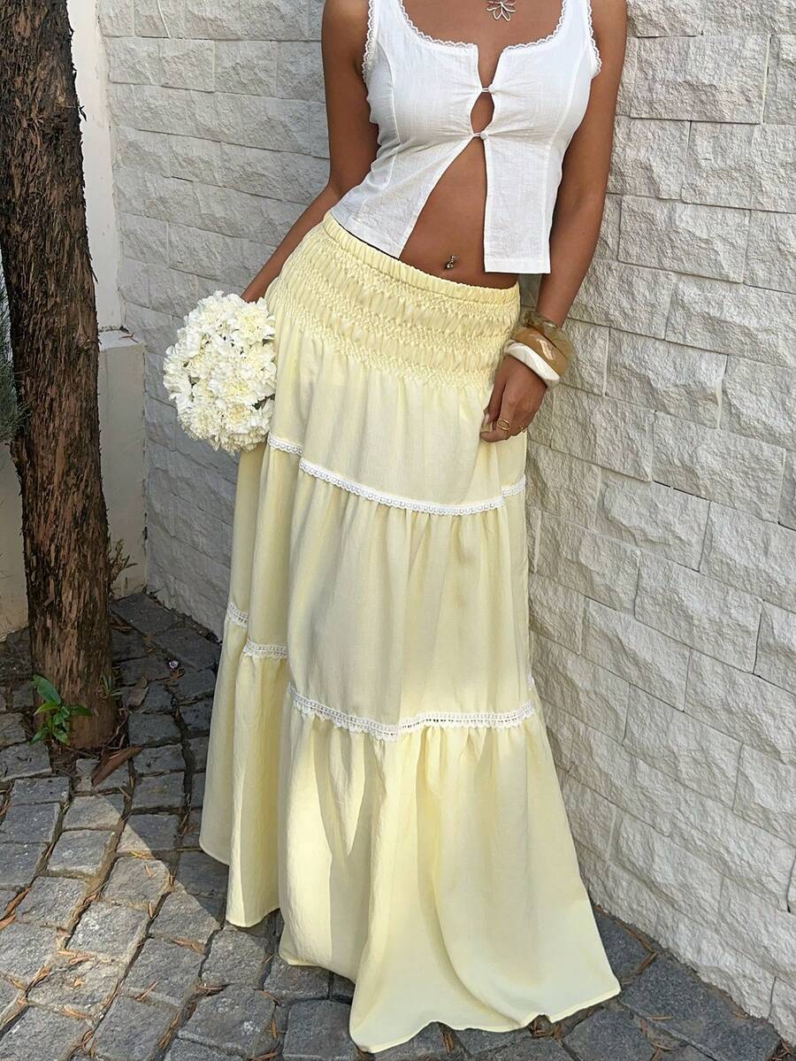 Sunnyshic Women's Yellow Low-Waist Lace Trim Skirt, Elegant Romantic Sweet Girly Style For Beach, Casual, Holiday, Daily Wear, School, Spring/Summer - Yellow - View 1