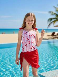 SHEIN 少女可爱蝴蝶结樱桃印花荷叶边连体泳衣，适合游泳、度假、夏季海滩 - 彩色 - 查看 1