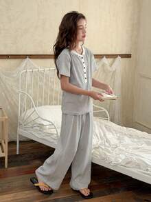DAZY Tween Girl Striped Print Crew Neck Short Sleeve Top And Pants Pajama Set Summer - Multicolor - View 4