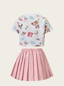 SHEIN Casuvi Kids Cute Young Girls Pink Pleated Short Skirt And Letter Pattern Short Sleeve Round Neck Tee Co-Ord Set - Pink - View 2