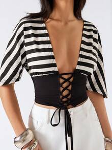 LYSMO 2026 New Arrive Minimalism Spring/Summer Women's Sexy Striped Patchwork Criss-Cross Tie Front T-Shirt, Summer - Black and White - View 3