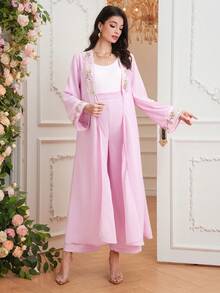 Momance Maternity Elegant Floral Embroidery Flare Sleeve Loose Long Jacket And Wide Leg Pants Set, Spring/Autumn - Baby Pink - View 4