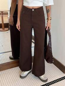 DAZY Quần jeans nữ ống loe màu nâu trơn, có túi, kiểu dáng thường ngày, thích hợp cho mùa xuân. - Cà phê nâu - Xem 7