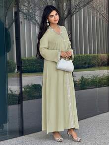 Yasmyna Women's Elegant Vacation Style Patchwork Ribbon V-Neck Flare Sleeve Loose Arabic Dress - Green - View 4