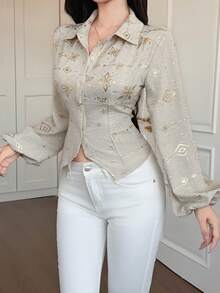 DAZY Women's Elegant Floral & Geometric Silver Foil Tie Front Blouse, Spring/Summer - Apricot - View 5