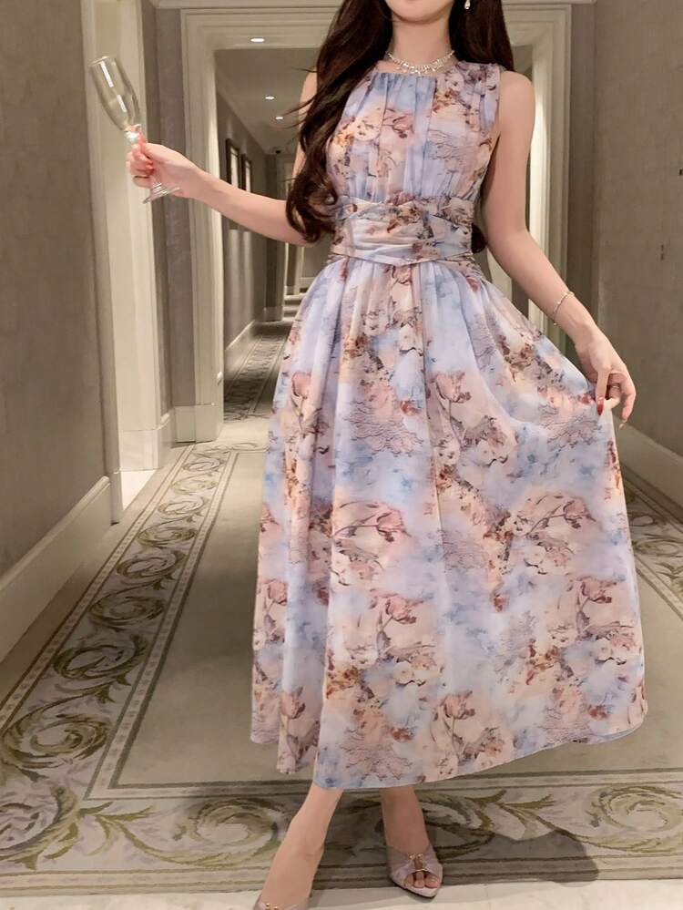 Women's Elegant Floral Pleated Sleeveless Mid-Length Dress, Summer,Wedding Guest Dress Women Sundress Boho