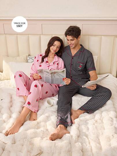 SHEIN Contrast Trim Plaid Print Pocket Strawberry Embroidery Lapel Collar Men's Pajama Set