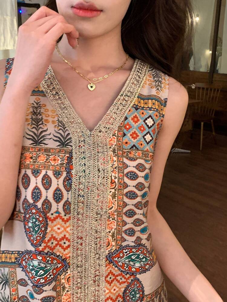 Women's Summer Vacation Casual Allover Print Patchwork Strap V-Neck Sleeveless Dress Boho