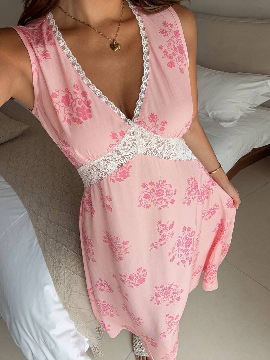 DAZY Floral Print Sleeveless Waist Lace Patchwork Maxi Nightgown Dress, Women Summer Loungewear - Pink - View 1