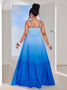 Maweii Plus Size Women Gradient Blue Twist Strap Layered Dress, Vacation Style - Blue - View 4