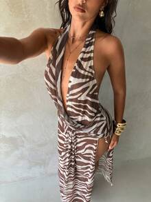 Aloruh 女士春夏新款斑马纹吊带连衣裙，优雅性感透视度假装 - 彩色 - 查看 6