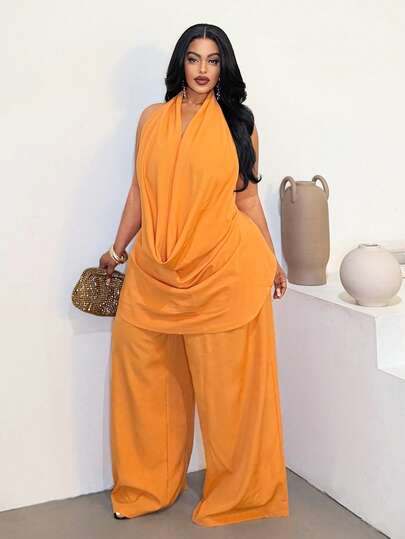 Maweii Conjunto de 2 piezas de top con escote profundo y espalda descubierta + pantalones holgados de unicolor para mujer de talla grande