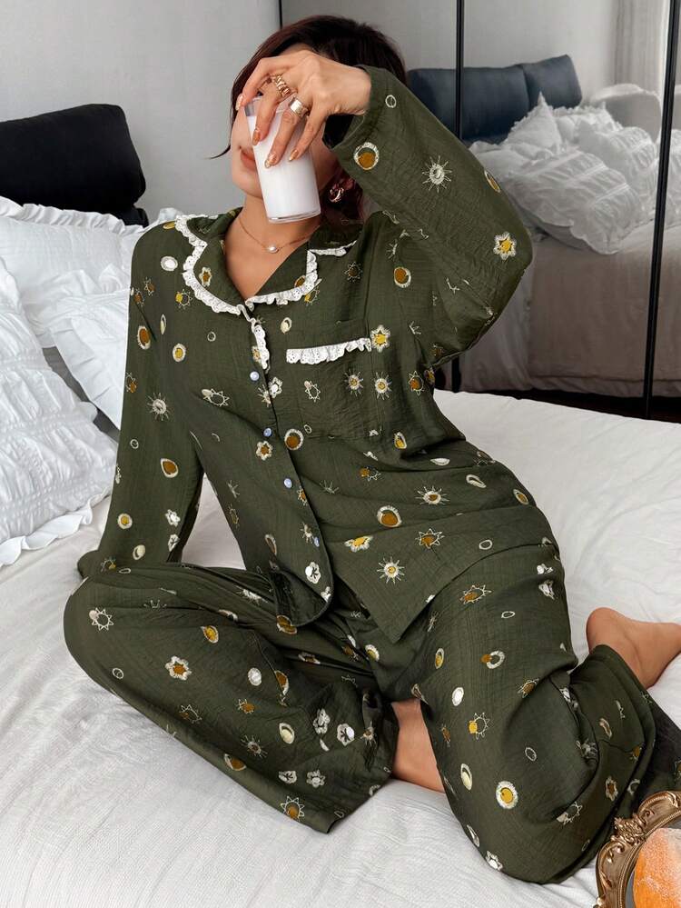 Spring Allover Print Contrast Color Embroidered Floral Patchwork Women Pajama Set