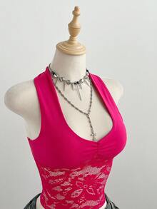 Elamini 女士优雅蕾丝拼接黑色露背吊带背心，休闲百搭，适合日常穿着，秋冬季 - 玫紅色 - 查看 1