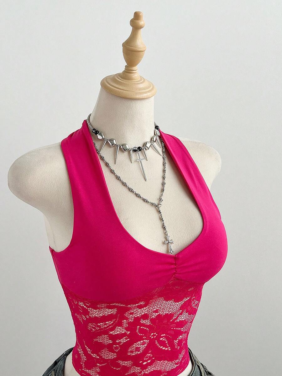 Elamini 女士优雅蕾丝拼接黑色露背吊带背心，休闲百搭，适合日常穿着，秋冬季 - 玫紅色 - 查看 1