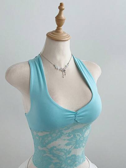 Elamini Women's Elegant Lace Patchwork Black Halter Neck Tie Strap Casual Tank Top, Versatile For Daily Wear, Autumn/Winter