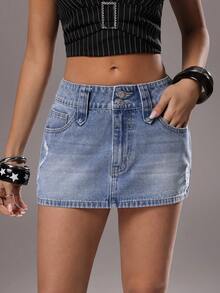 TRNVIE 女士修身休闲做旧牛仔迷你裙，夏季百搭 - 淺色水洗藍 - 查看 4