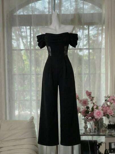 SHEIN MOD Women's Elegant Commuter Contrast Lace Off-Shoulder Jumpsuit, Summer,Back To School Shirt, Office Attire,Elegant Jumpsuit,Black Jumpsuit,Off-The-Shoulder,Sheer Lace At The Waist,Vintage,Retro,