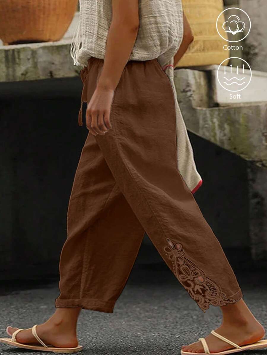 SHEIN LUNE CURVE Plus Size Casual Linen Patchwork Embroidered Floral Hem Pants Earthy Clothes Women Boho Pants For Women Fall - Coffee Brown - View 1