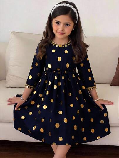 Tween Girl Dress, Gold Dot Design With Gold Pendant Decor, Round Neck Long Sleeve Fitted Dress, Regular Thickness, Suitable For Daily Wear, Commute, Party And Other Occasions