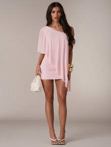 SHEIN BAE Spring & Summer Women Casual Vacation Solid Color Pink Asymmetric-Shoulder Asymmetric Ruffle Shawl Matching Mini Bodycon Dress, Elegant Sexy Vacation Dress, Sisters Casual Outdoor Dress, Beach, Vacation, Pink Dress, Wedding Pink Dress, Elegant Sexy Pink Dress ,Summer Dress,Spring Dresses For Women - Baby Pink - View 3