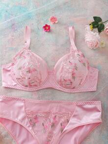 FloralLove 大码女士内衣套装，花卉刺绣蕾丝文胸和内裤套装，拼接弹力缎面柔软浪漫大码性感内衣套装 - 粉色 - 查看 3