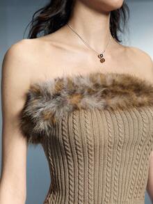 Airlisse Leopard Print Fur Collar Patchwork Cropped Top With Twisted Knit Vest - Khaki - View 3