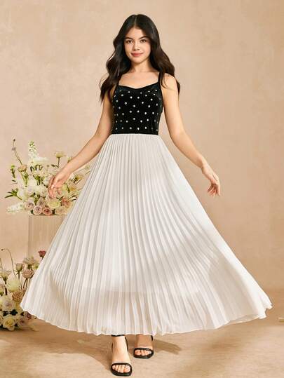 女士雪纺吊带连衣裙，铆钉天鹅绒裙摆，高端修身长裙，雪纺拼接白色连衣裙