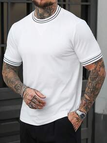 Manfinity Homme Camiseta de manga corta casual de hombre con bloques de color y rayas, para verano - Blanco - Ver 4