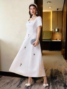 Modelyn Women's Elegant White Summer Rhinestone Square Neck Short Sleeve Dress,Sparkly Colored Birthday Party,Wedding Guest & Bridesmaid Dresses - White - View 2